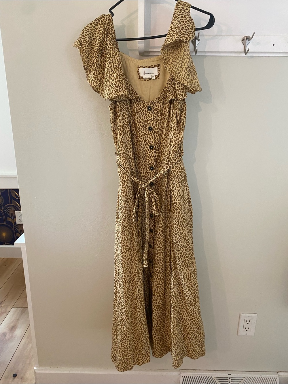 Anthropologie Leopard Print Button-Front Ruffle Midi Dress - Tan